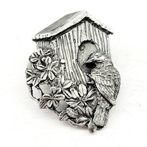 Vintage Birds & Blooms 1997 Pewter Brooch Limited Edition Bird Birdhouse Flowers - Picture 2 of 3